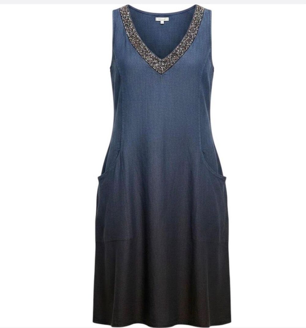LINA TOMEI Made in Italy Navy Blue Linen Beaded V-Neck Shift Dress-L